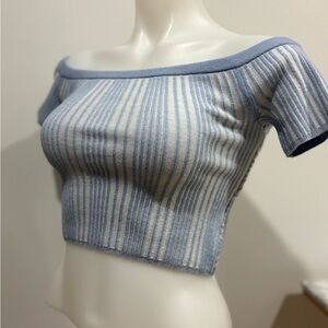 Aerie Blue and Cream Off-Shoulder Crop Top